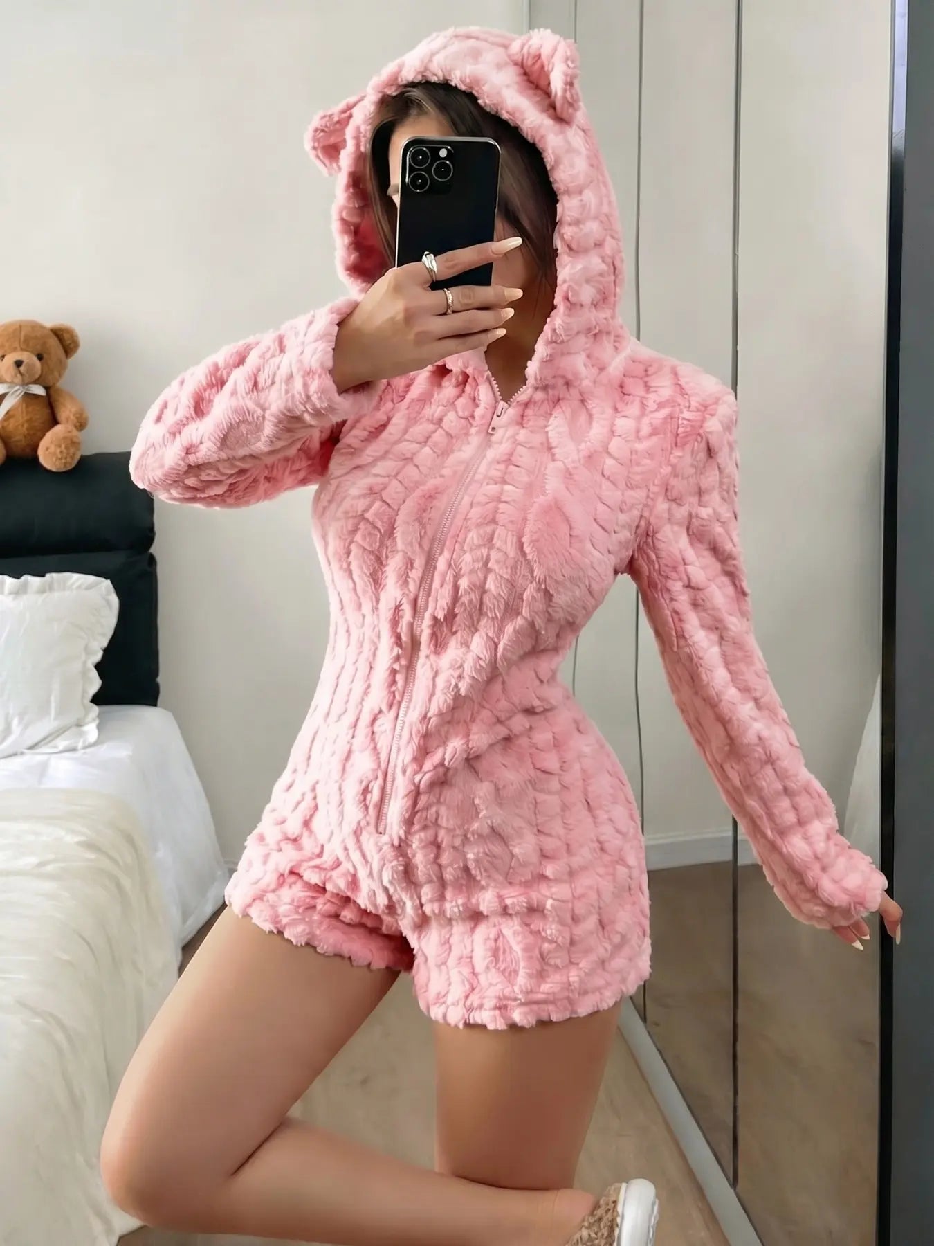 Women'S Cute Teddy Bear Embroidered Hooded Long Sleeve Fleece Sweatshirt, Comfortable Casual Fashion Design, Perfect Gift for Her, Daily Wear
