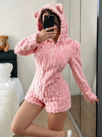 Women'S Cute Teddy Bear Embroidered Hooded Long Sleeve Fleece Sweatshirt, Comfortable Casual Fashion Design, Perfect Gift for Her, Daily Wear