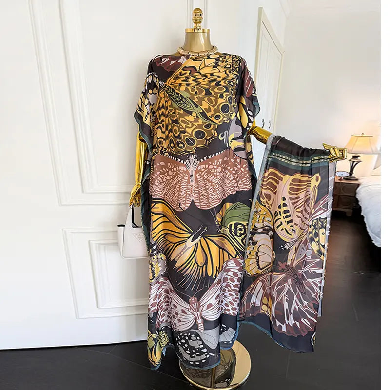 Moomoo Women'S 2 Piece Kaftan Set, Oversized Bohemian Rose Floral Print Satin Maxi Dress with Scarf for Party & Beach Vacation, Fashion Apparel