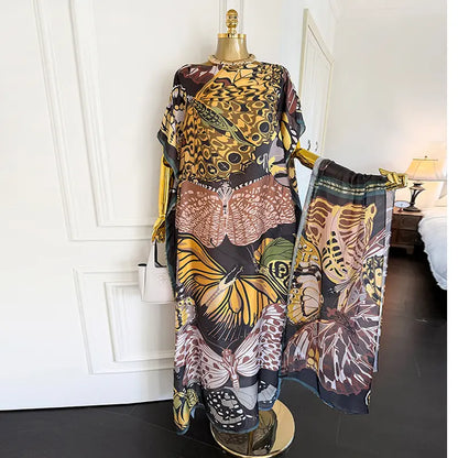 Moomoo Women'S 2 Piece Kaftan Set, Oversized Bohemian Rose Floral Print Satin Maxi Dress with Scarf for Party & Beach Vacation, Fashion Apparel