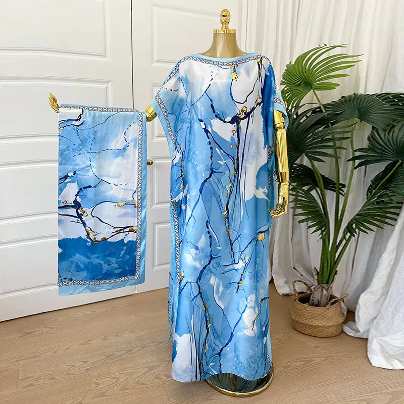 Moomoo Women'S 2 Piece Kaftan Set, Oversized Bohemian Rose Floral Print Satin Maxi Dress with Scarf for Party & Beach Vacation, Fashion Apparel