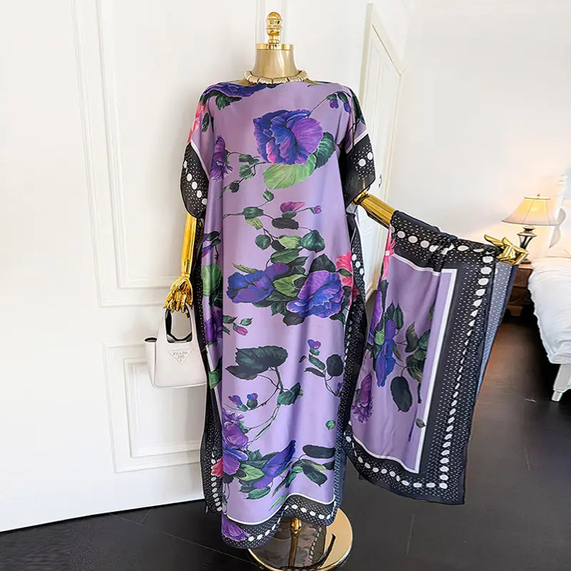 Moomoo Women'S 2 Piece Kaftan Set, Oversized Bohemian Rose Floral Print Satin Maxi Dress with Scarf for Party & Beach Vacation, Fashion Apparel