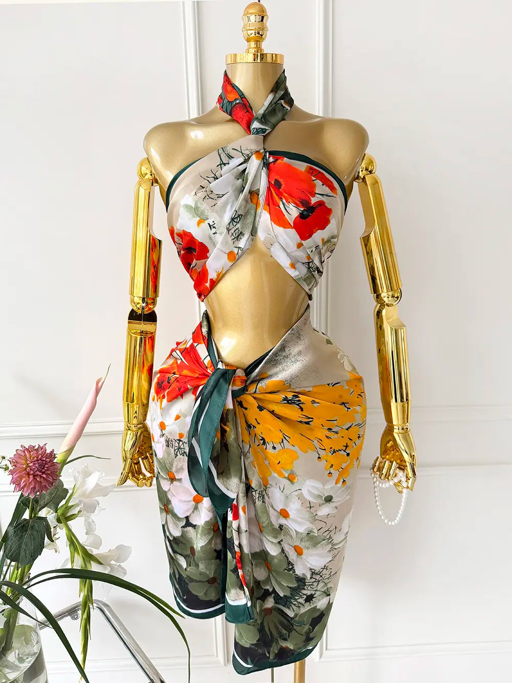 Moomoo Women'S 2 Piece Kaftan Set, Oversized Bohemian Rose Floral Print Satin Maxi Dress with Scarf for Party & Beach Vacation, Fashion Apparel