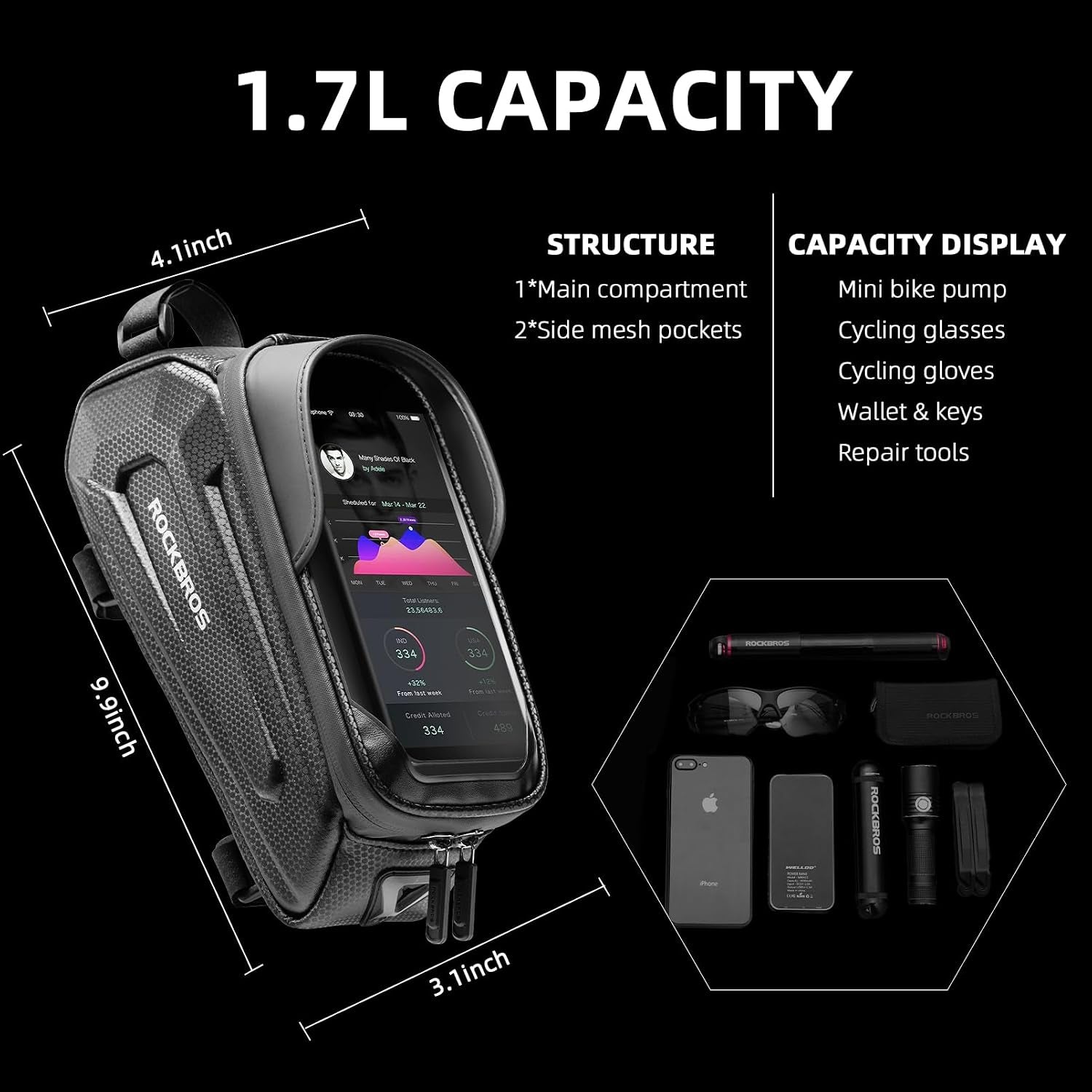 Bike Phone Bag Waterproof Bike Bag Phone Mount EVA Hard Shell Bike Pouch with Rain Cover Compatible with Iphone 14/12/11 Pro XR XS Max Phones below 6.8”