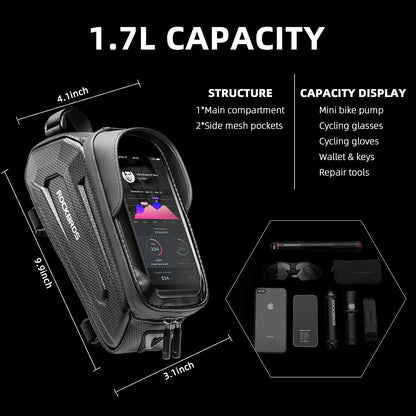 Bike Phone Bag Waterproof Bike Bag Phone Mount EVA Hard Shell Bike Pouch with Rain Cover Compatible with Iphone 14/12/11 Pro XR XS Max Phones below 6.8”
