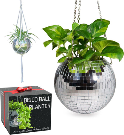 Disco Ball Planter – Value Package: Disco Planter with Chain, Macrame Hanger and Acrylic Stand, Includes Self Watering Insert, Preppy Room Decor, Funky Decor | 8 Inch Silver