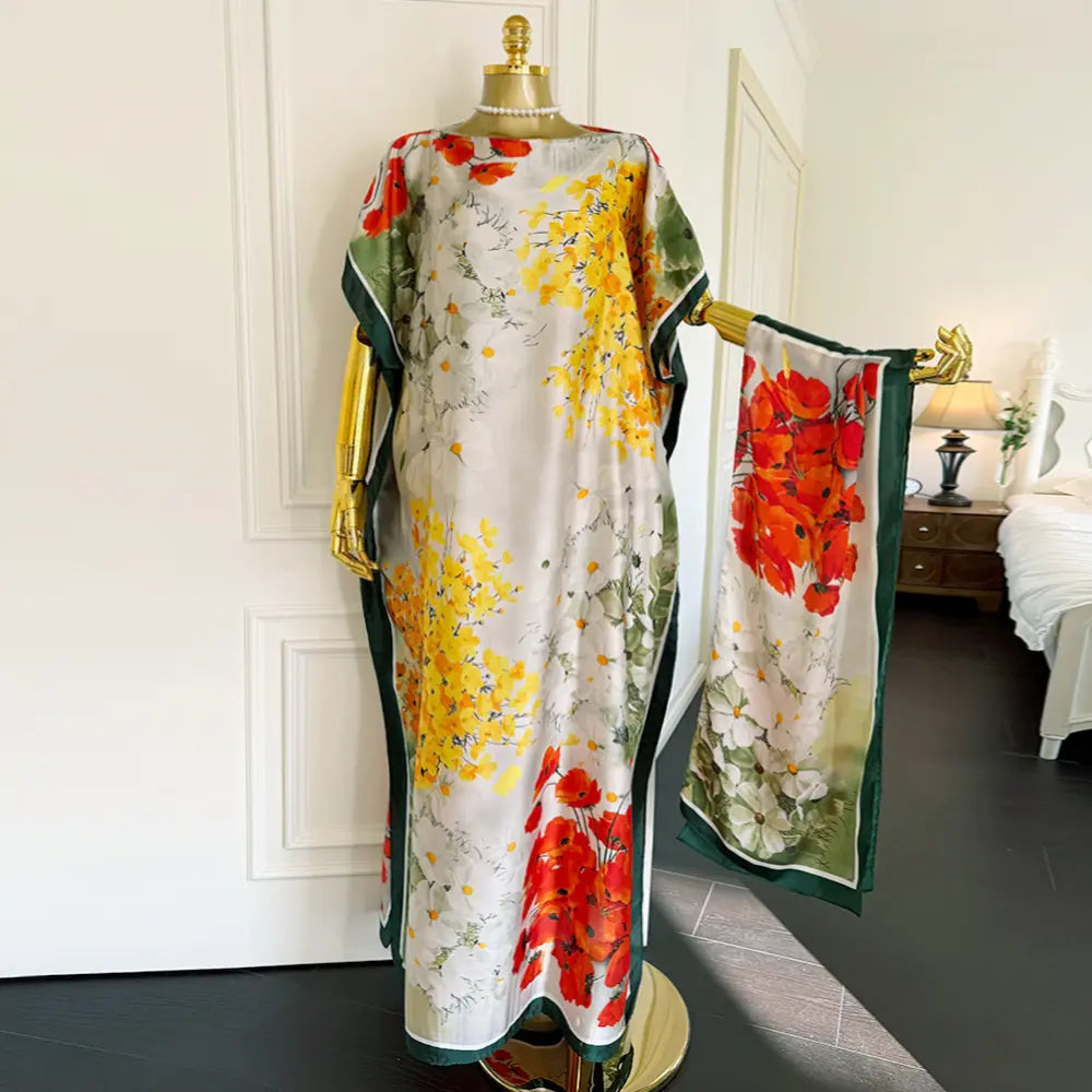 Moomoo Women'S 2 Piece Kaftan Set, Oversized Bohemian Rose Floral Print Satin Maxi Dress with Scarf for Party & Beach Vacation, Fashion Apparel
