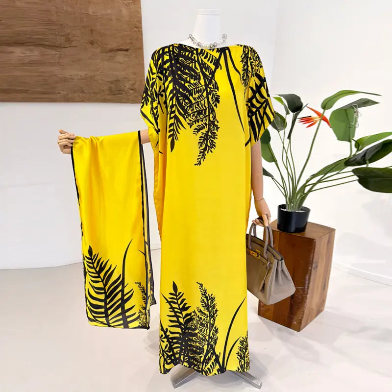 Moomoo Women'S 2 Piece Kaftan Set, Oversized Bohemian Rose Floral Print Satin Maxi Dress with Scarf for Party & Beach Vacation, Fashion Apparel