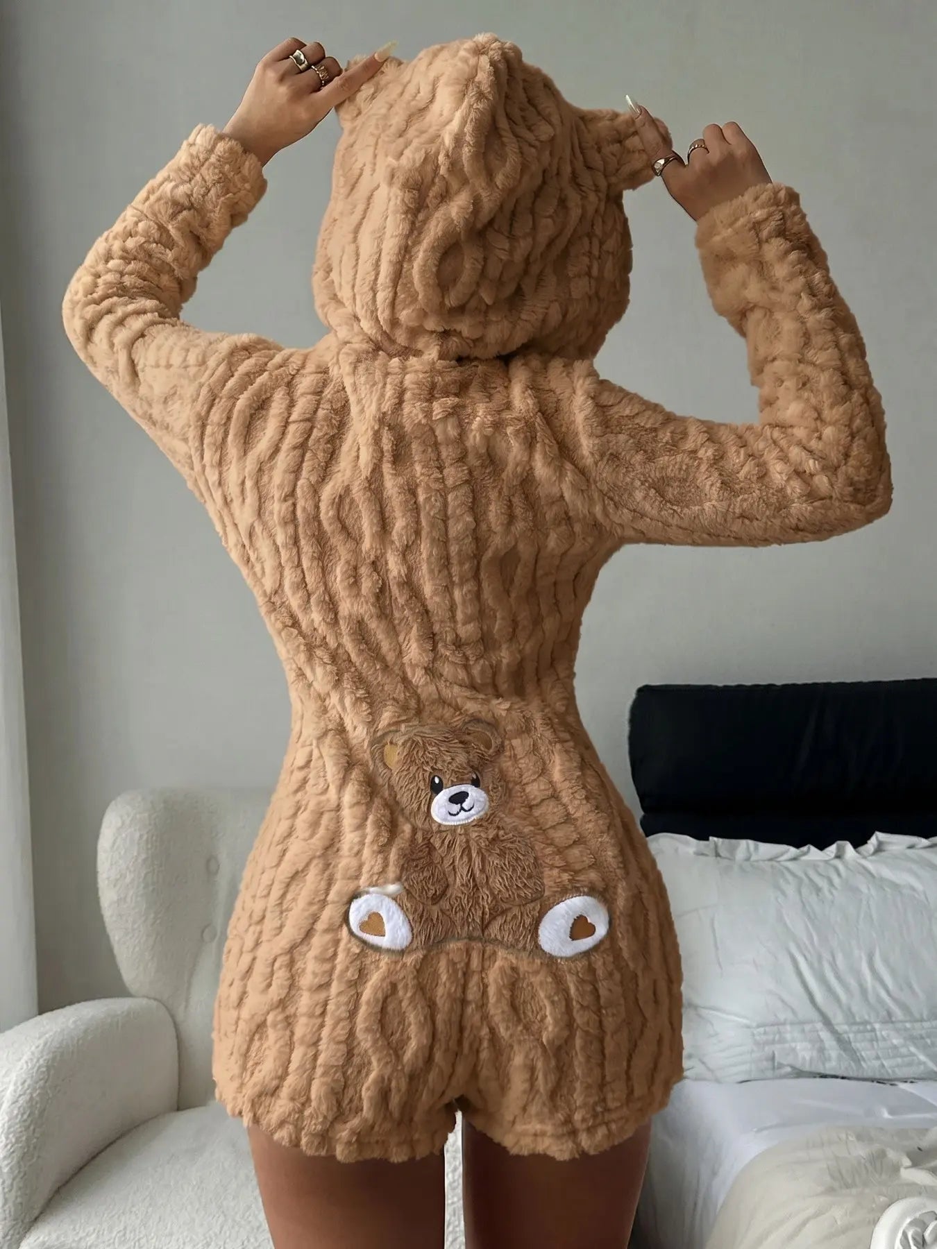 Women'S Cute Teddy Bear Embroidered Hooded Long Sleeve Fleece Sweatshirt, Comfortable Casual Fashion Design, Perfect Gift for Her, Daily Wear