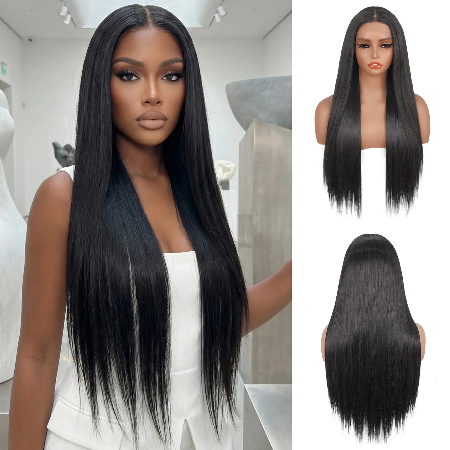 Lush Haute Synthetic Lace Front Wig 13X4 Lace Front Wigs Pre Plucked Long Straight Natural Black Wigs for Black Women 24Inch Ready to Wear Wigs with Baby Hair