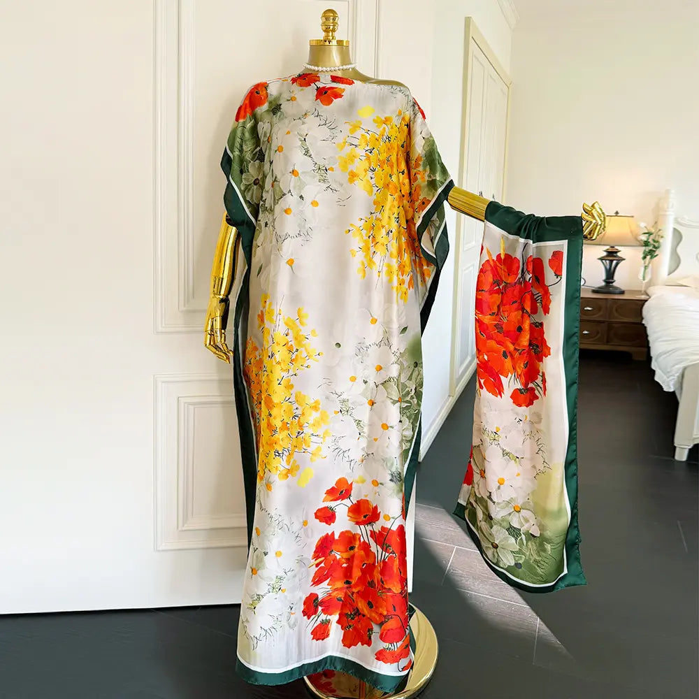 Moomoo Women'S 2 Piece Kaftan Set, Oversized Bohemian Rose Floral Print Satin Maxi Dress with Scarf for Party & Beach Vacation, Fashion Apparel
