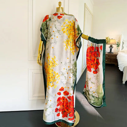 Moomoo Women'S 2 Piece Kaftan Set, Oversized Bohemian Rose Floral Print Satin Maxi Dress with Scarf for Party & Beach Vacation, Fashion Apparel