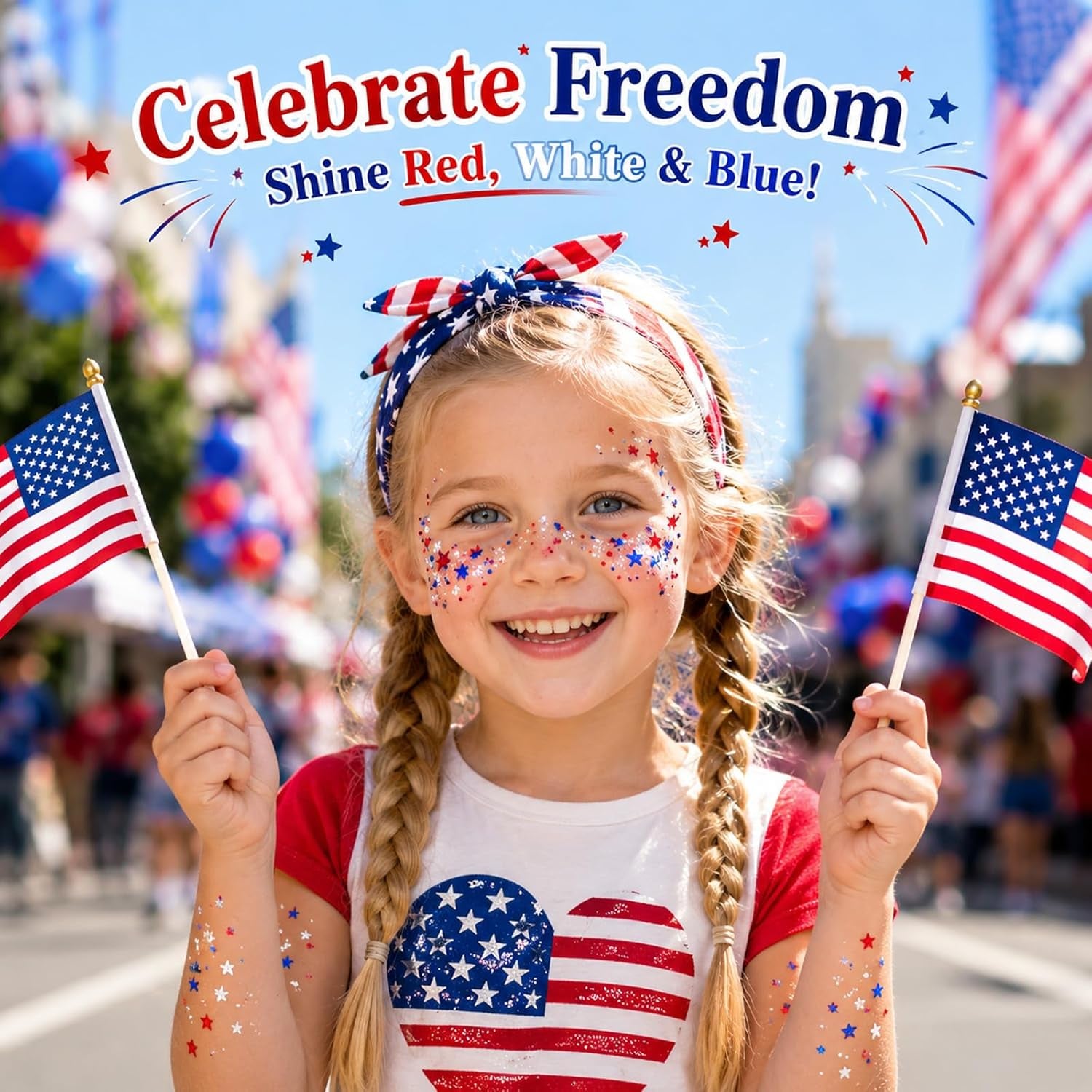 Patriotic 4Th of July Glitter Stick, Sparkle Red White and Blue Face Hair Body Glitter Independence Day 250 Anniversary Party, USA Flag 4Th of July Outfits and Accessories for Women Kids, Memorial Day