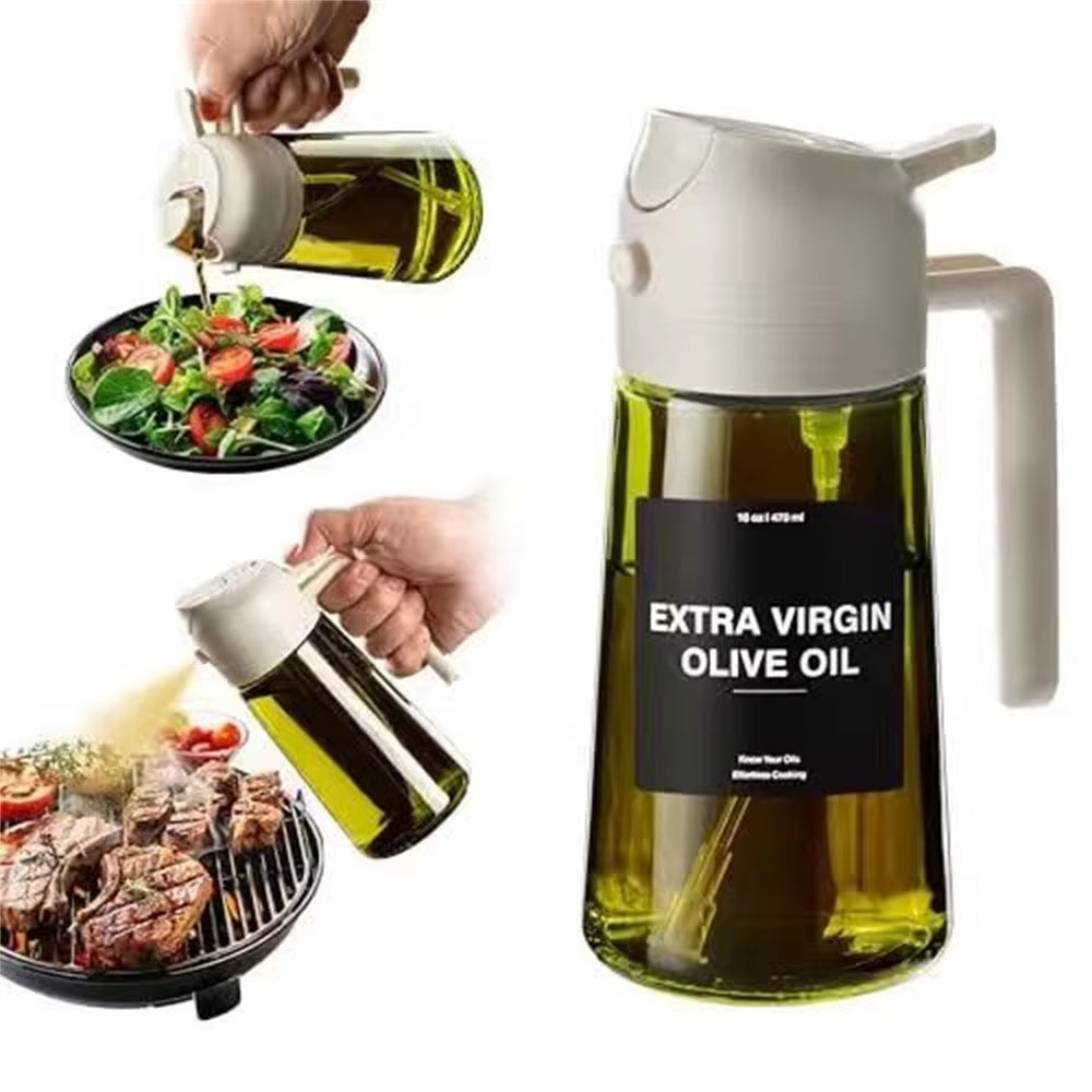 470 ML Oil Sprayer for Cooking,2-In-1 Olive Oil Dispenser and Oil Spray Bottle,Oil Spray with Stickers, Thick Glass Spray Bottle