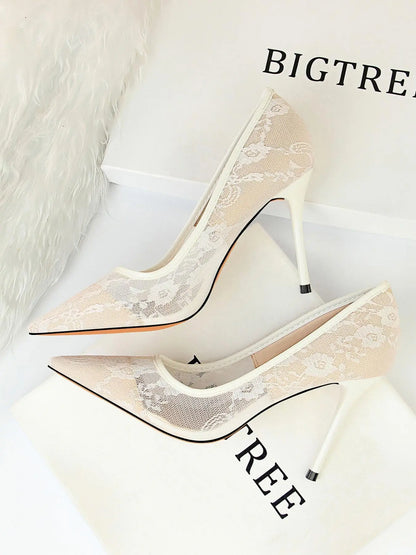 Women'S Mesh Hollow Design with Contrast Lace Pointed Toe Stiletto Heeled, Stylish Elegant Classy High Heeled Dress Formal Shoes for Party, Perfect Footwear for Outfit Matching, Wedding Party Shoes