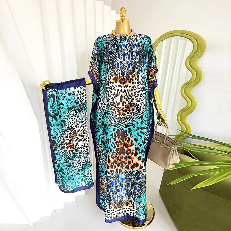 Moomoo Women'S 2 Piece Kaftan Set, Oversized Bohemian Rose Floral Print Satin Maxi Dress with Scarf for Party & Beach Vacation, Fashion Apparel