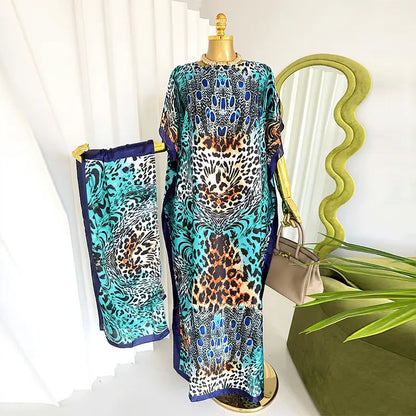 Moomoo Women'S 2 Piece Kaftan Set, Oversized Bohemian Rose Floral Print Satin Maxi Dress with Scarf for Party & Beach Vacation, Fashion Apparel