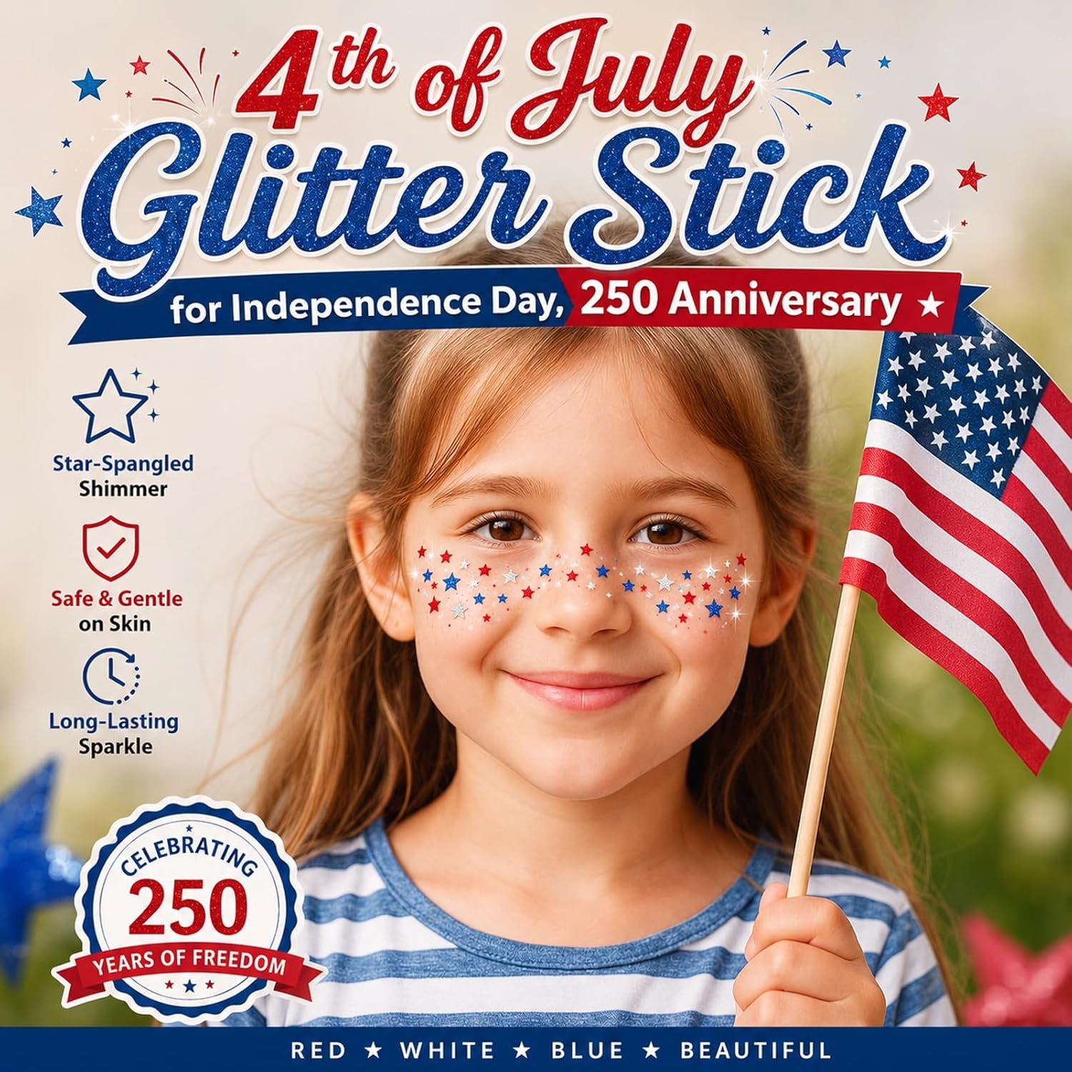 Patriotic 4Th of July Glitter Stick, Sparkle Red White and Blue Face Hair Body Glitter Independence Day 250 Anniversary Party, USA Flag 4Th of July Outfits and Accessories for Women Kids, Memorial Day