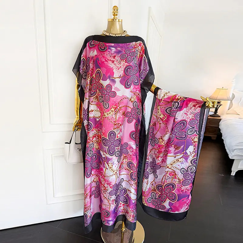 Moomoo Women'S 2 Piece Kaftan Set, Oversized Bohemian Rose Floral Print Satin Maxi Dress with Scarf for Party & Beach Vacation, Fashion Apparel