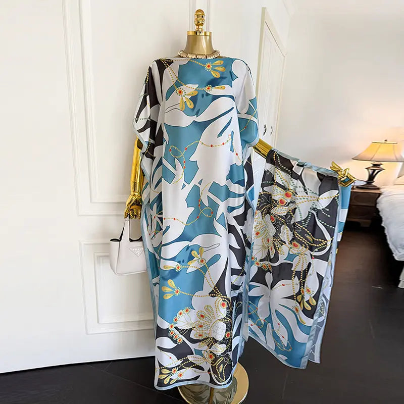 Moomoo Women'S 2 Piece Kaftan Set, Oversized Bohemian Rose Floral Print Satin Maxi Dress with Scarf for Party & Beach Vacation, Fashion Apparel