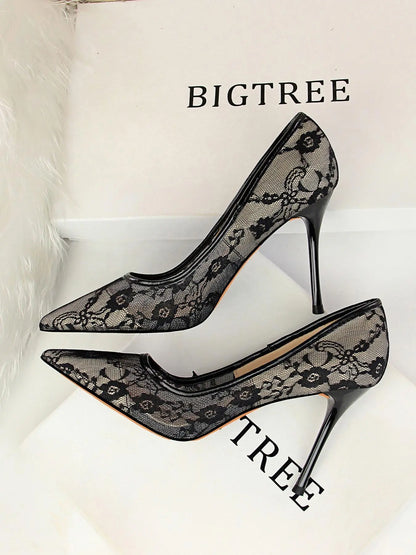 Women'S Mesh Hollow Design with Contrast Lace Pointed Toe Stiletto Heeled, Stylish Elegant Classy High Heeled Dress Formal Shoes for Party, Perfect Footwear for Outfit Matching, Wedding Party Shoes