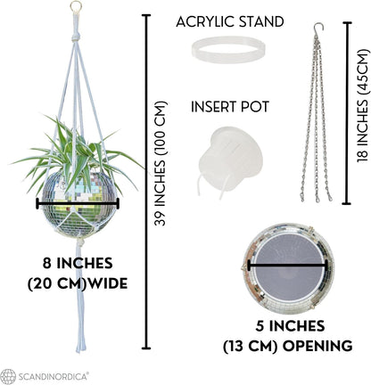Disco Ball Planter – Value Package: Disco Planter with Chain, Macrame Hanger and Acrylic Stand, Includes Self Watering Insert, Preppy Room Decor, Funky Decor | 8 Inch Silver
