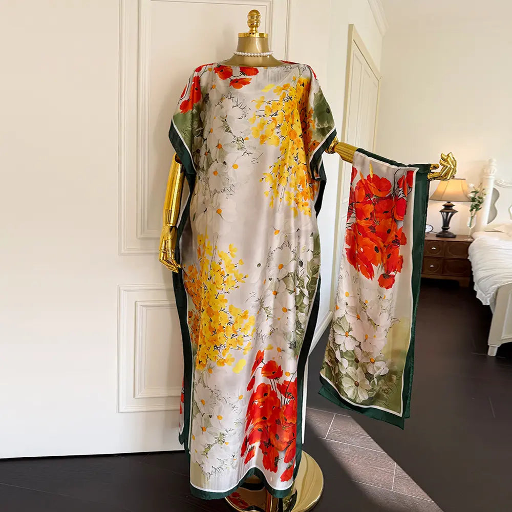 Moomoo Women'S 2 Piece Kaftan Set, Oversized Bohemian Rose Floral Print Satin Maxi Dress with Scarf for Party & Beach Vacation, Fashion Apparel