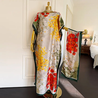 Moomoo Women'S 2 Piece Kaftan Set, Oversized Bohemian Rose Floral Print Satin Maxi Dress with Scarf for Party & Beach Vacation, Fashion Apparel