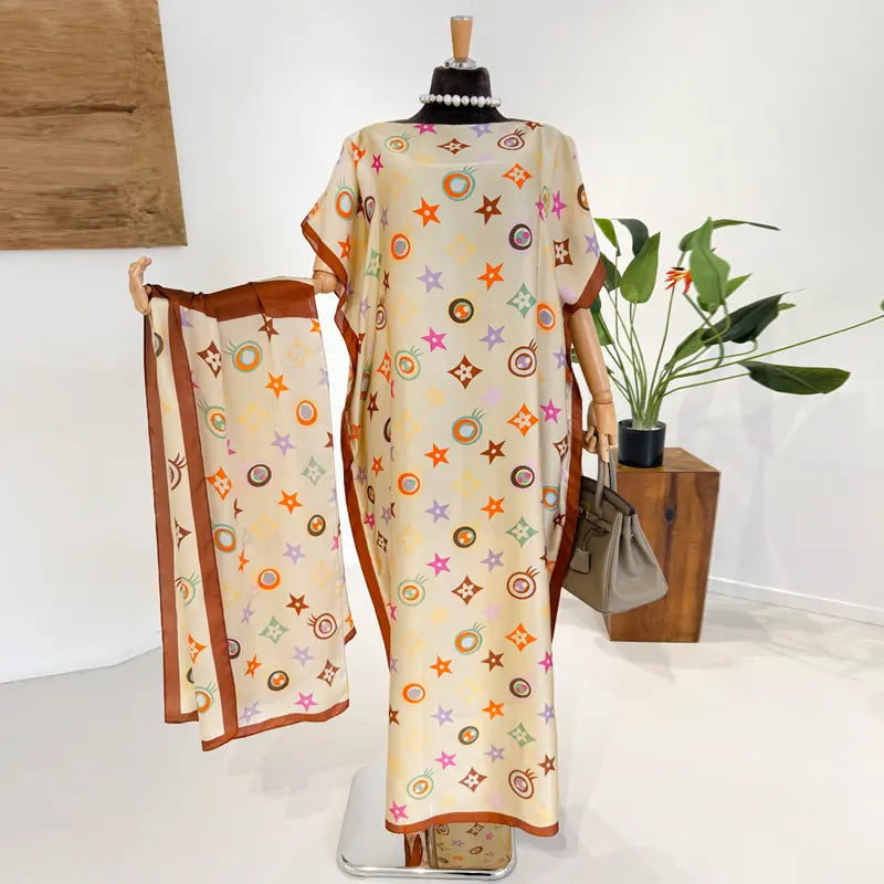 Moomoo Women'S 2 Piece Kaftan Set, Oversized Bohemian Rose Floral Print Satin Maxi Dress with Scarf for Party & Beach Vacation, Fashion Apparel