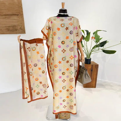 Moomoo Women'S 2 Piece Kaftan Set, Oversized Bohemian Rose Floral Print Satin Maxi Dress with Scarf for Party & Beach Vacation, Fashion Apparel