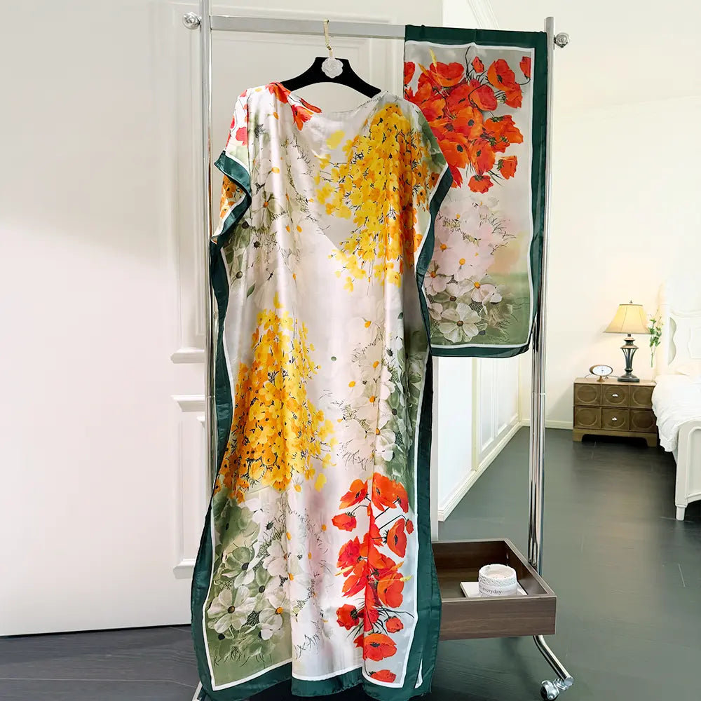 Moomoo Women'S 2 Piece Kaftan Set, Oversized Bohemian Rose Floral Print Satin Maxi Dress with Scarf for Party & Beach Vacation, Fashion Apparel