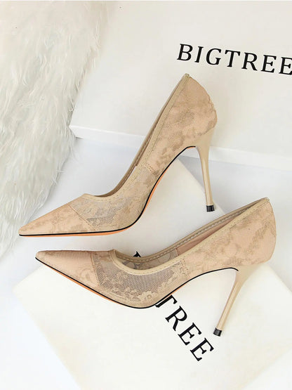 Women'S Mesh Hollow Design with Contrast Lace Pointed Toe Stiletto Heeled, Stylish Elegant Classy High Heeled Dress Formal Shoes for Party, Perfect Footwear for Outfit Matching, Wedding Party Shoes
