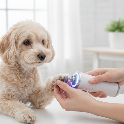 Person using an electric LED nail trimmer grinder on a calm small dog's paw