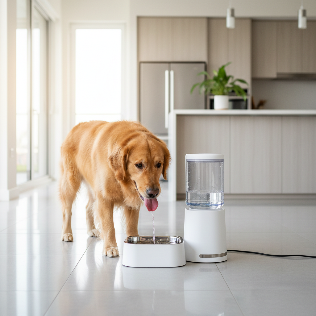 Happy dog drinking from a self-filling automatic pet water bowl